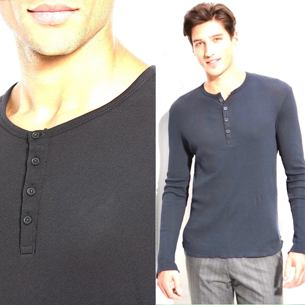 Vince Henley Shirt Long Sleeve Raw Edge Pullover Jersey Knit Cotton Black XXL